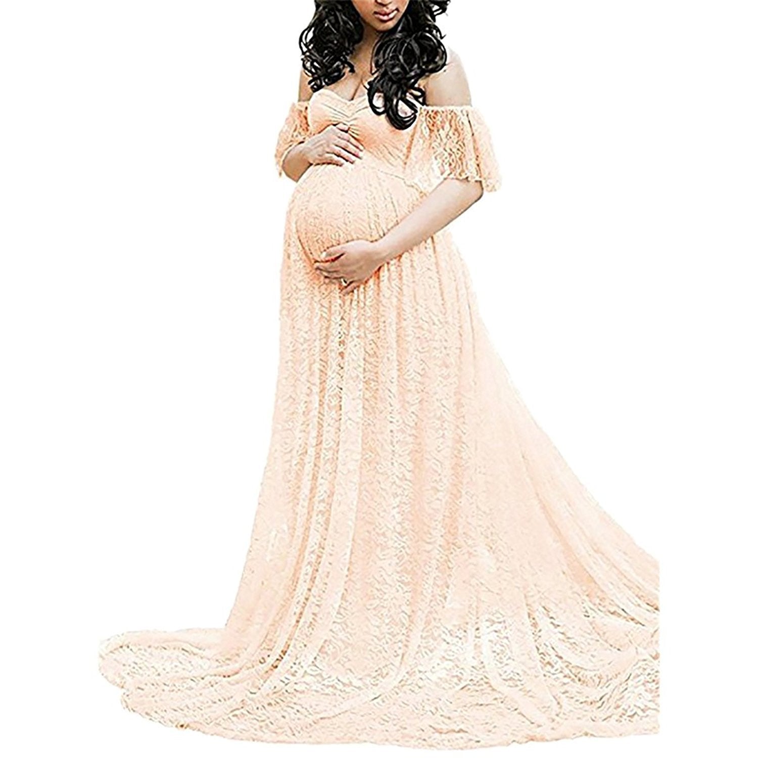 Women's Lace Pregnant Women Tailing Short-Sleeved Dress Photography Flying Sleeve Dress 8919 (Plus New Color) Maternity
