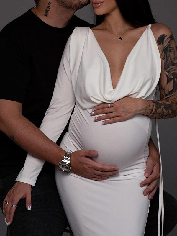 One Sleeve Backless Tie V-neck Bodycon Elegant Evening Photoshoot Gown Baby Shower Maternity Maxi Dress Maternity