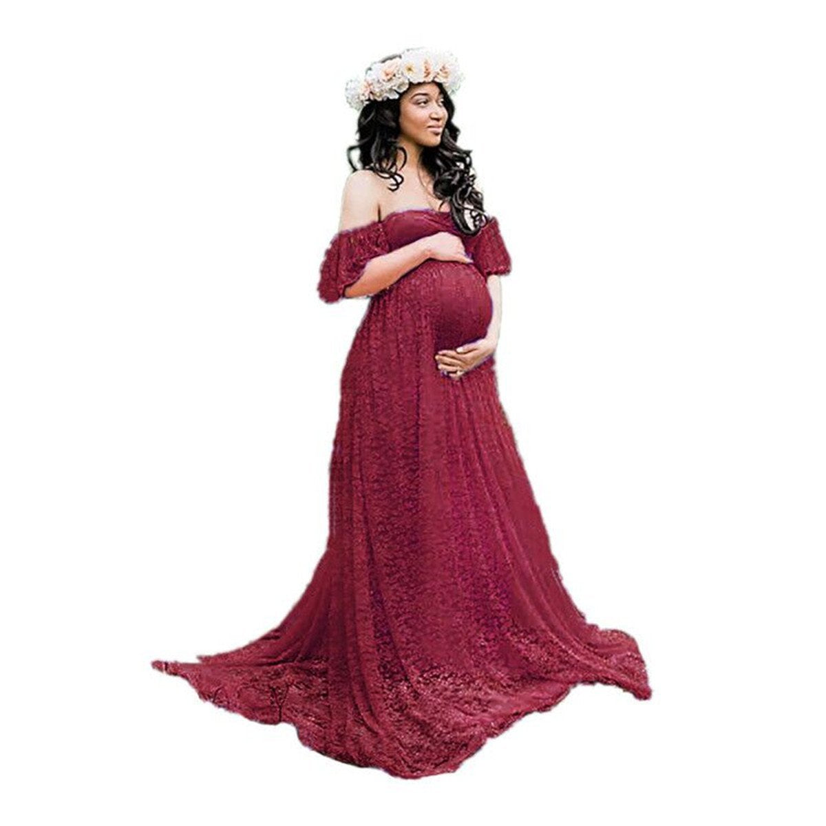 Women's Lace Pregnant Women Tailing Short-Sleeved Dress Photography Flying Sleeve Dress 8919 (Plus New Color) Maternity