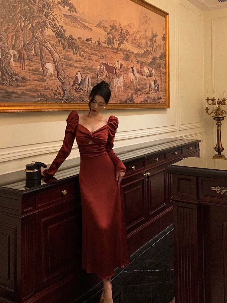 A line Long Sleeves Red Satin Prom Dresses Birthday Outfits SD313