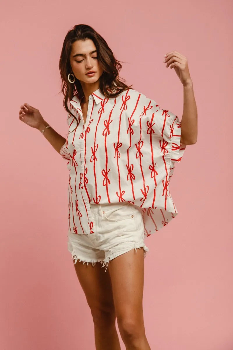 Bow Ribbon Woven Printed Button Down Shirt DJPT