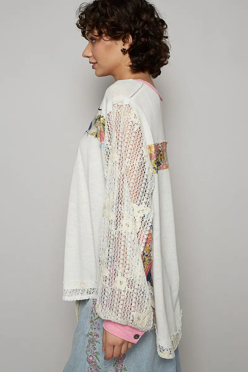 Button Detail Floral Patchwork Crochet Sleeve Blouse DJPT