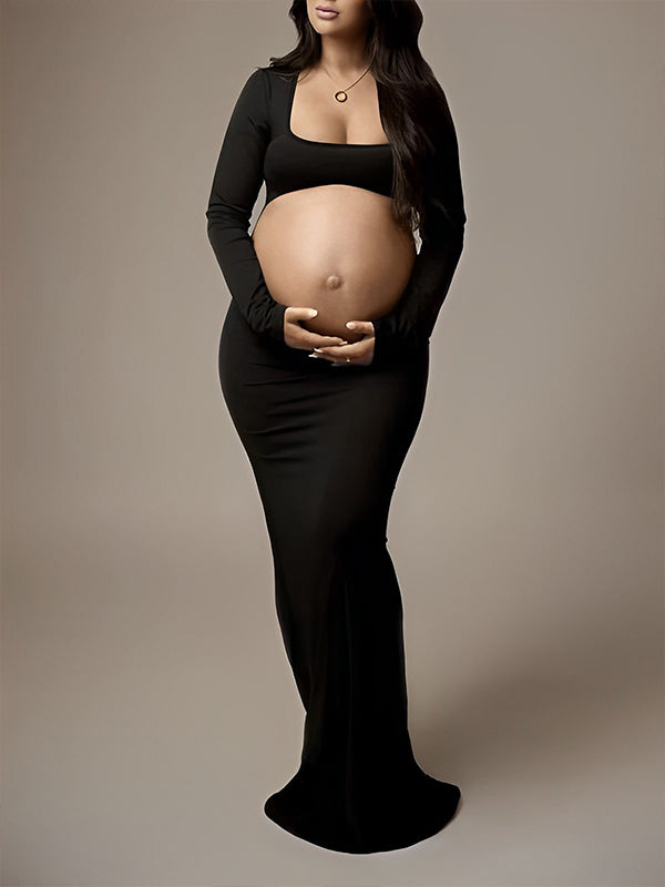 Black Cut Out Mermaid Crop Long Sleeve Backless Bodycon Cocktail Club Party Photoshoot Maternity Maxi Dress Maternity