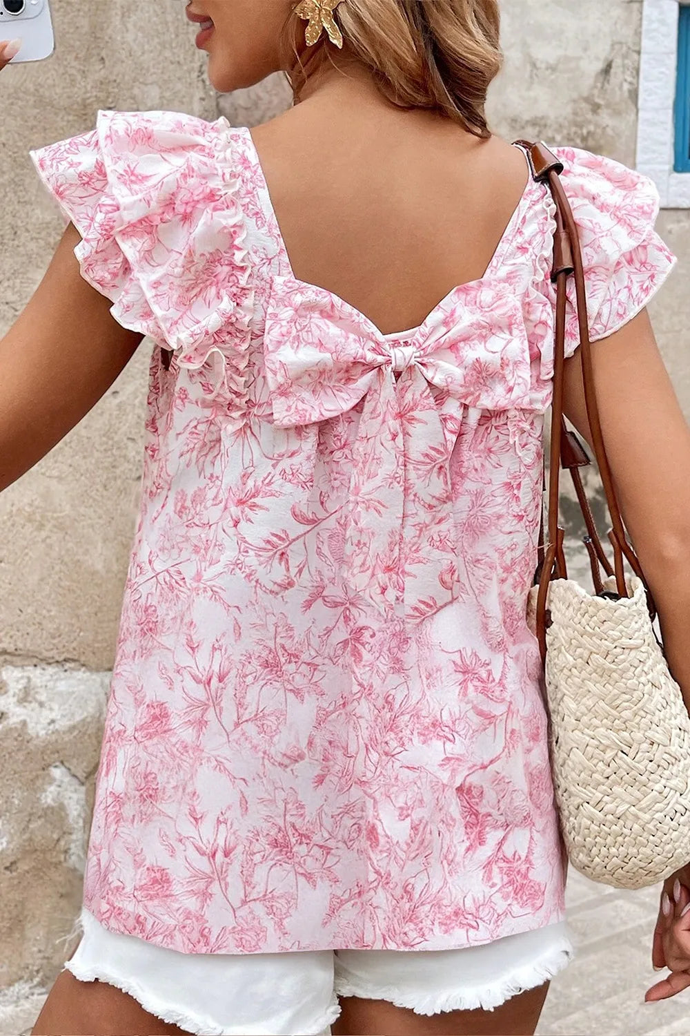 Back Printed Ruffled Cap Sleeve Blouse DJPT