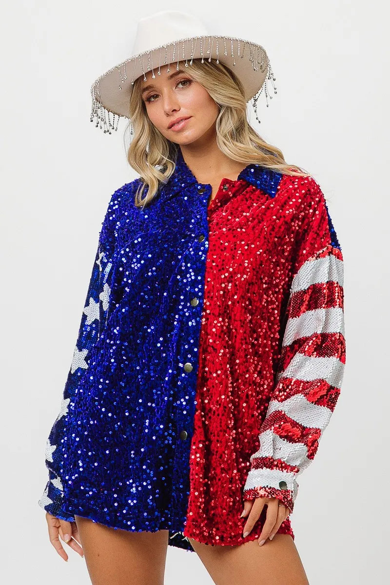 American Flag Sequin Snap Down Shirt DJPT