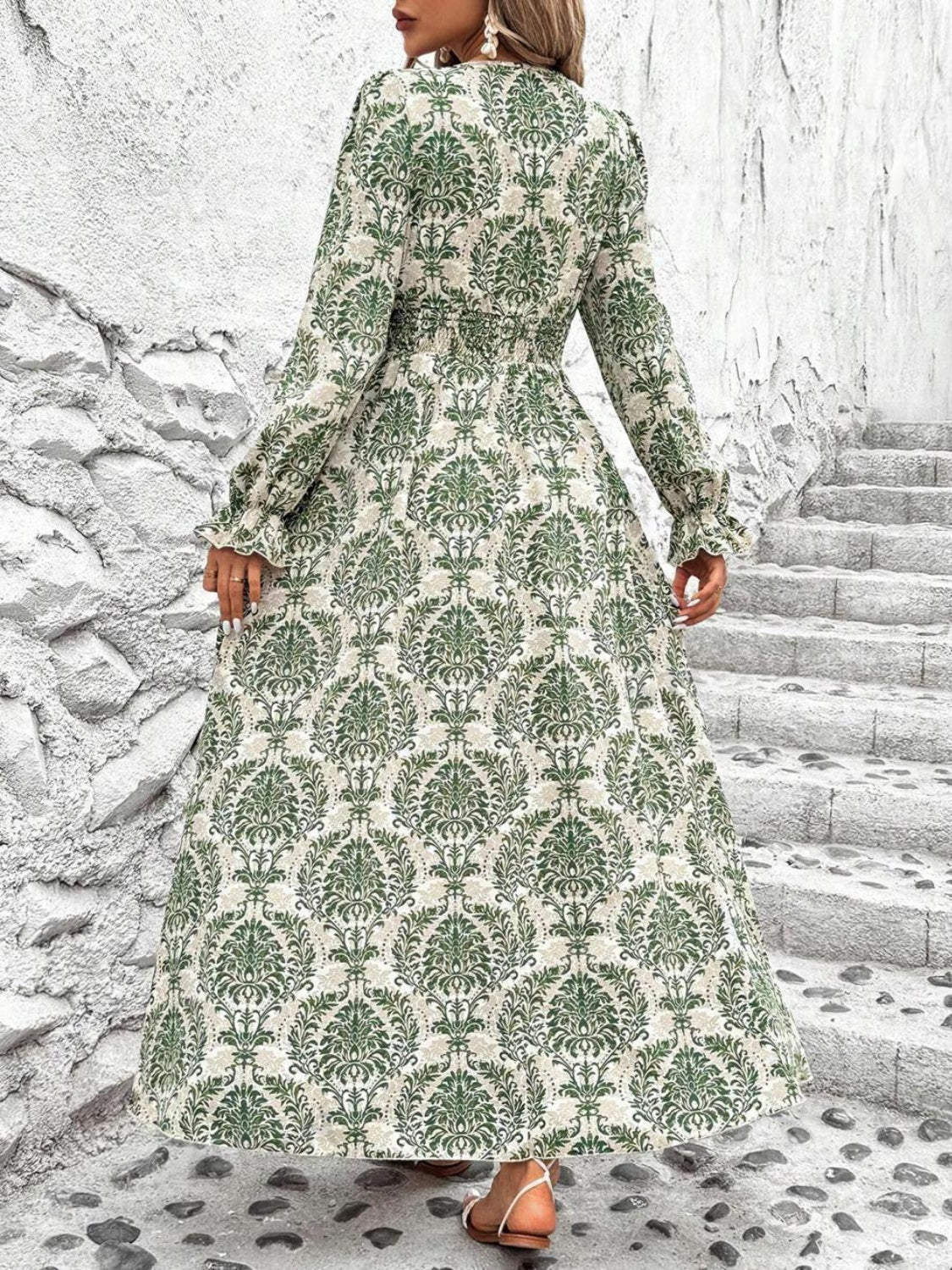 Printed V-Neck Flounce Sleeve Dress DJPT