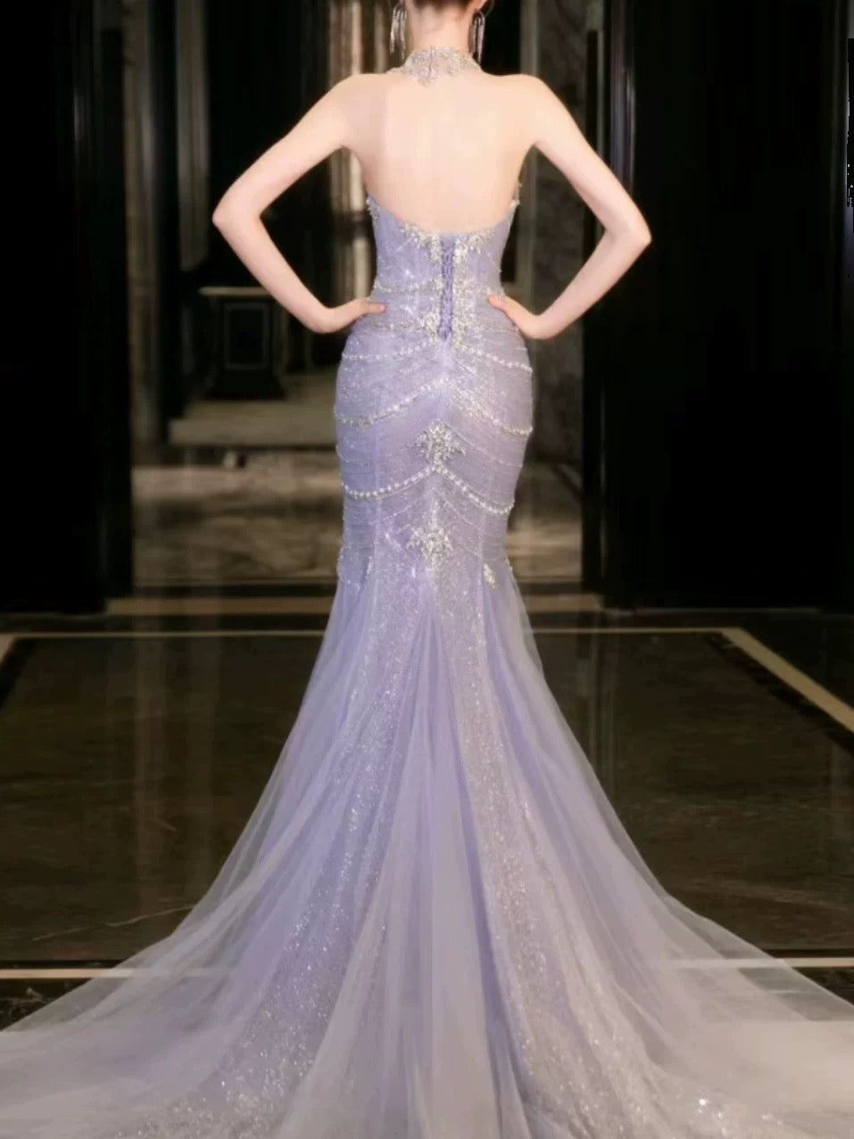 Mermaid Off The Shoulder Blue Tulle Silver Beads Long Prom Dresses Formal Evening Dress SD1399 HZ0628