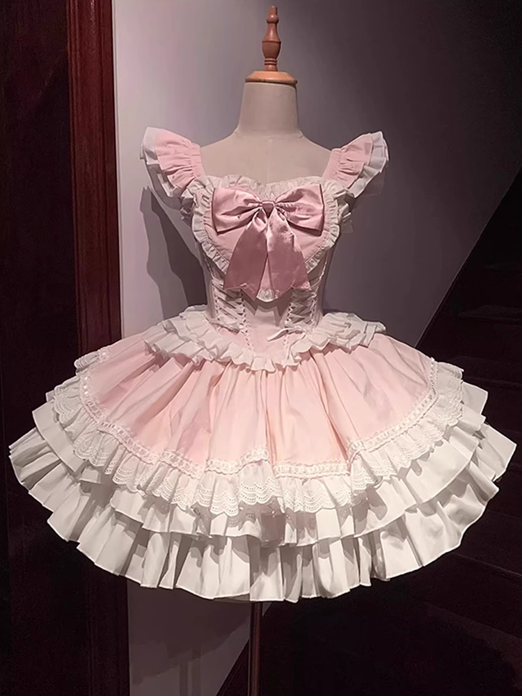 Ball Gown Square Neckline Floral Lace Party Dresses Pink Birthday Outfits With Bowknots SD455 HZ0628