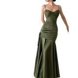 Sheath Spaghetti Straps Floor Length Olive Green Long Party Dresses Birthday Outfits SD433