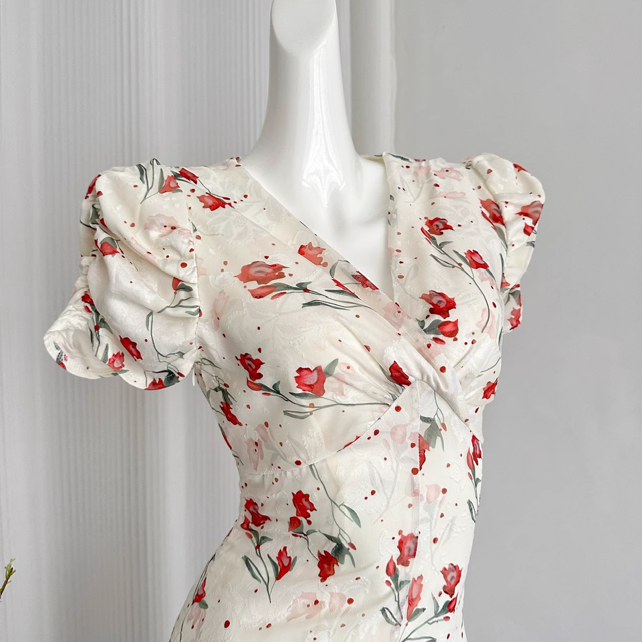 A line V Neckline Short Sleeves Pink Floral Dress Beach Holiday Dresses SD284