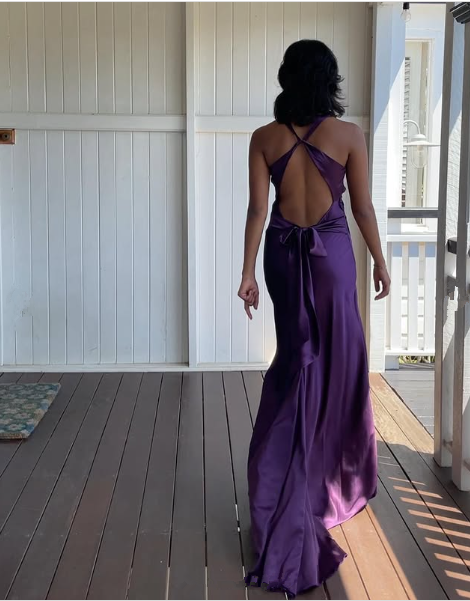 A-Line V Neckline Grape Satin Long Prom Dresses Formal Evening Dress SD1389 HZ0628