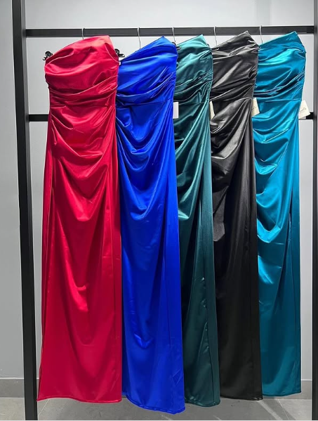 Sheath Strapless Neckline Slit Satin Long Party Dress Prom Dresses SD2446