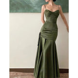 Sheath Spaghetti Straps Floor Length Olive Green Long Party Dresses Birthday Outfits SD433