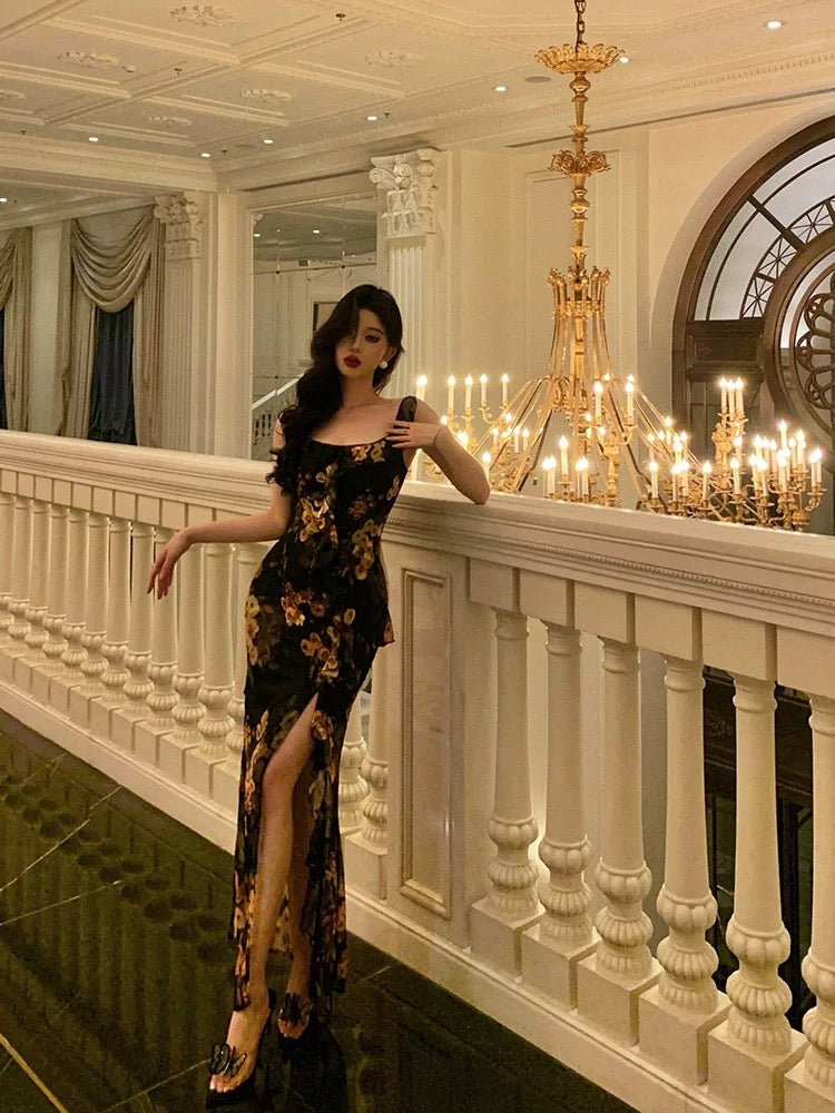 Sheath Straps Floral Chiffon Slit Long Prom Dresses Birthday Outfits SD408