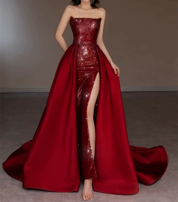 Sheath Strapless Burgundy Sleeveless Long Party Dress Sequin Prom Dresses SD1460