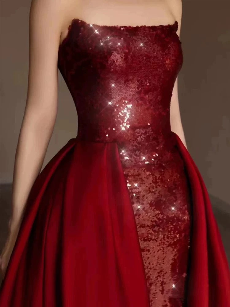 Sheath Strapless Burgundy Sleeveless Long Party Dress Sequin Prom Dresses SD1460
