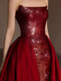 Sheath Strapless Burgundy Sleeveless Long Party Dress Sequin Prom Dresses SD1460
