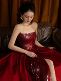 Sheath Strapless Burgundy Sleeveless Long Party Dress Sequin Prom Dresses SD1460
