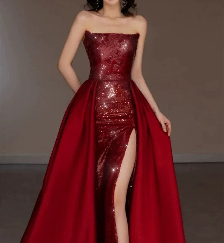 Sheath Strapless Burgundy Sleeveless Long Party Dress Sequin Prom Dresses SD1460
