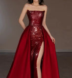 Sheath Strapless Burgundy Sleeveless Long Party Dress Sequin Prom Dresses SD1460
