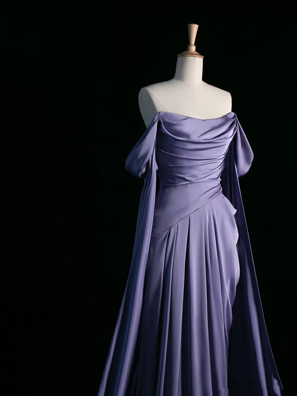 A Line Off The Shoulder Light Grape Satin Prom Dresses Long Evening Gown Formal Party Dress SD1361