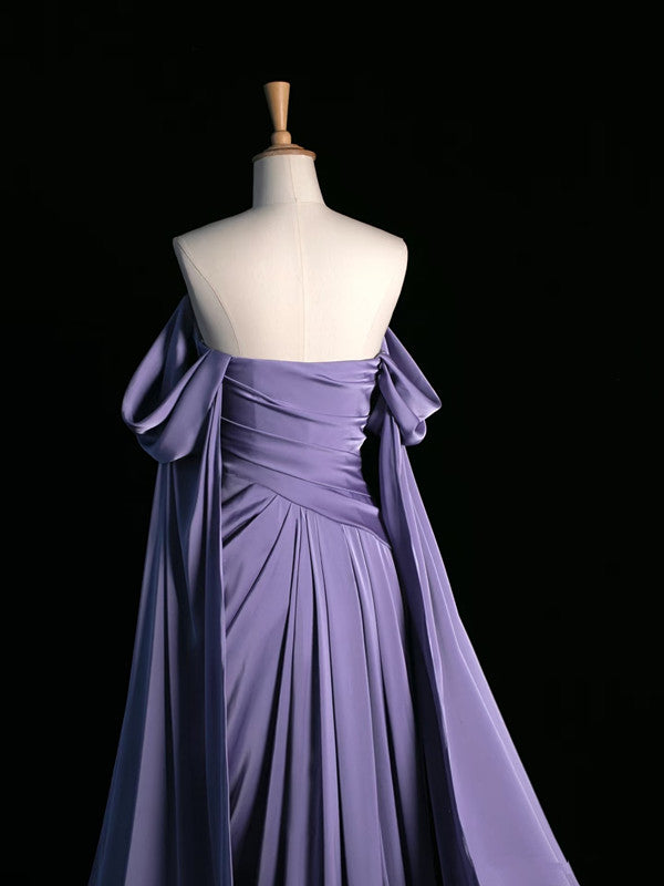 A Line Off The Shoulder Light Grape Satin Prom Dresses Long Evening Gown Formal Party Dress SD1300