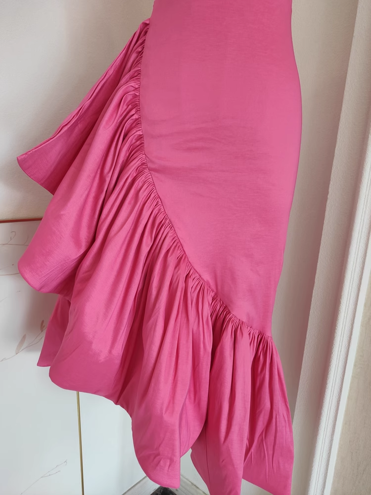 Sheath Spaghetti Straps Hot Pink Satin Dinner Party Dresses Birthday Outfits SD394