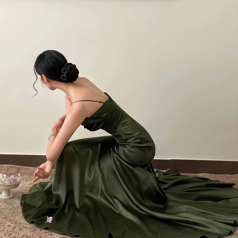 Sheath Spaghetti Straps Floor Length Olive Green Long Party Dresses Birthday Outfits SD433