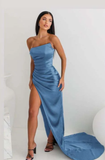 Sheath Strapless Neckline Slit Satin Long Party Dress Prom Dresses SD2446
