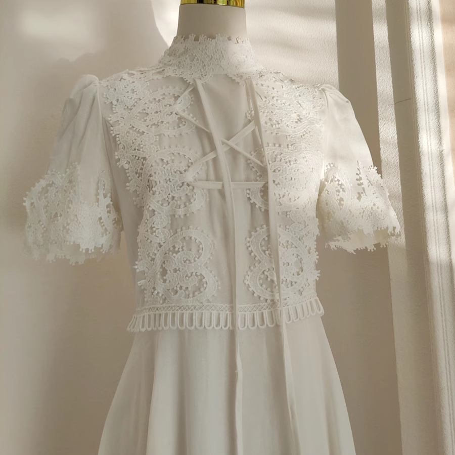 A line High Neckline Short Sleeves Lace White Party Dress Chiffon Holiday Dresses SD348