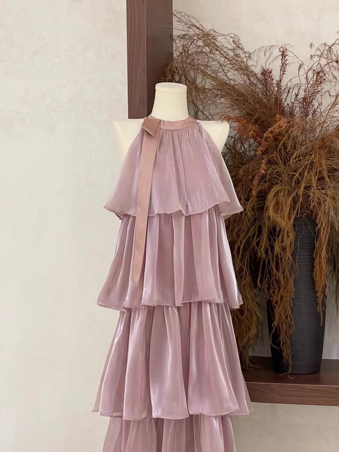 A line Scoop Ruffled Rose Pink Long Women's Vacation Holiday Dresses SD184