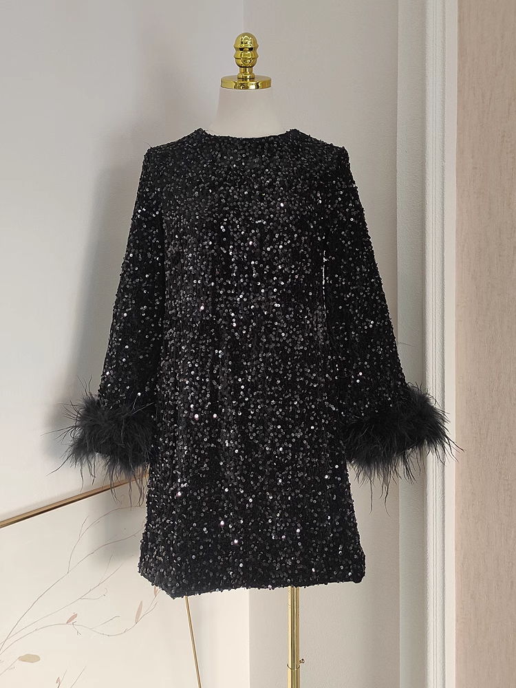 A line Scoop Black Travel Vacation Dresses Short Sequin Birthday Dress SD320