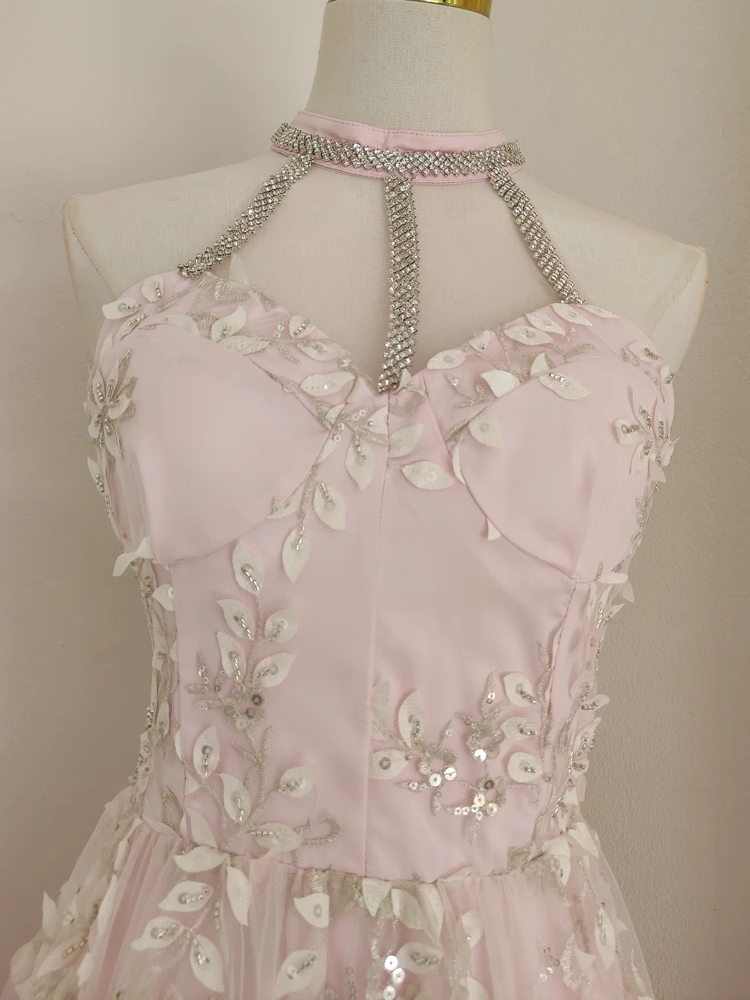 A line High Neckline Pink Tulle Dinner Party Dresses Birthday Outfits SD393