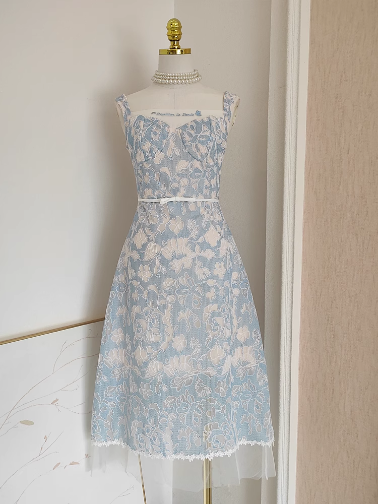 A line Straps Sleeveless Blue Lace Party Dress Holiday Birthday Dresses For Women SD361