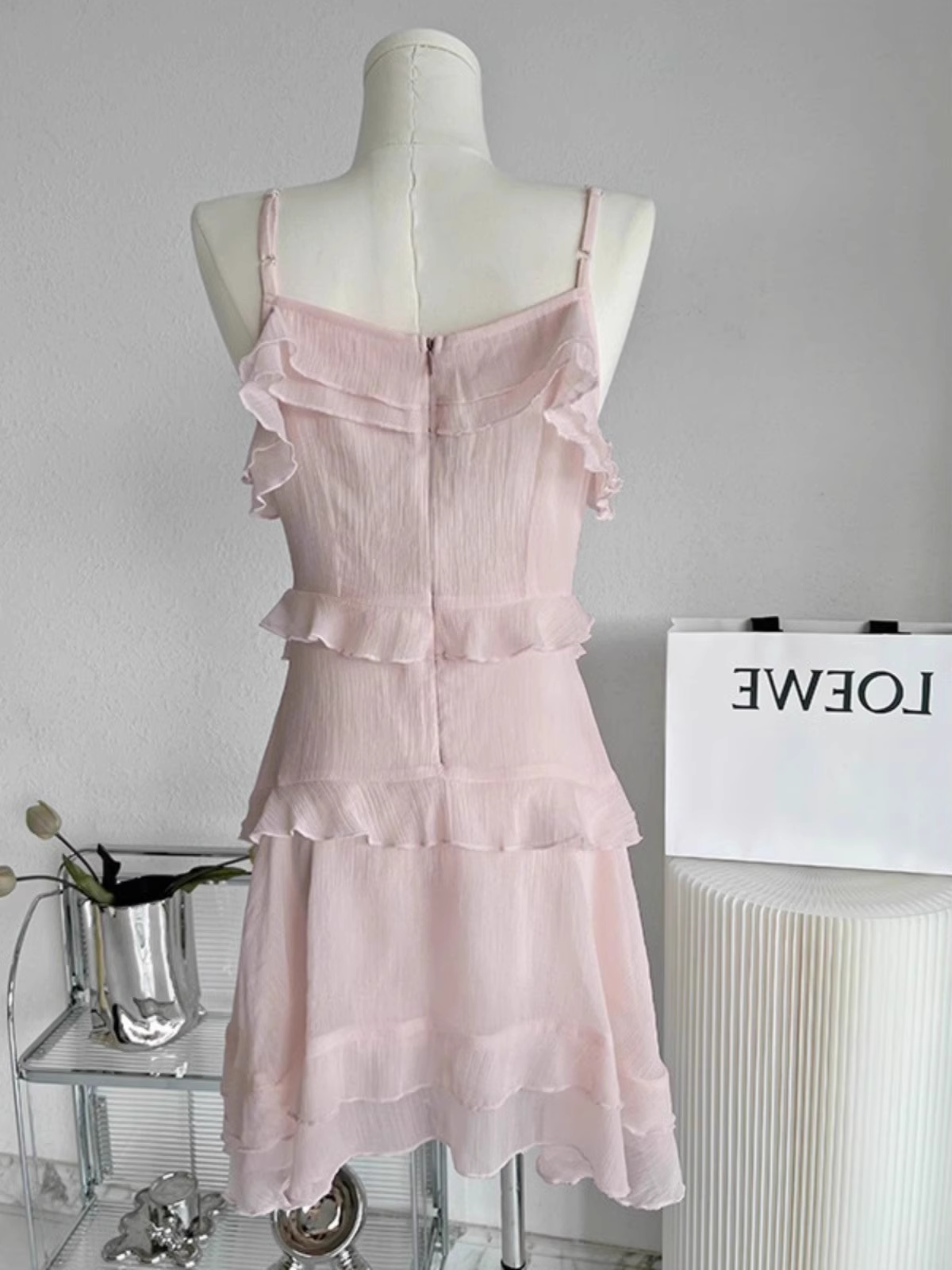A Line Straps Ruffled Chiffon Pink Short Women's Holiday Dresses SD210
