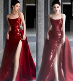 Sheath Strapless Burgundy Sleeveless Long Party Dress Sequin Prom Dresses SD1460