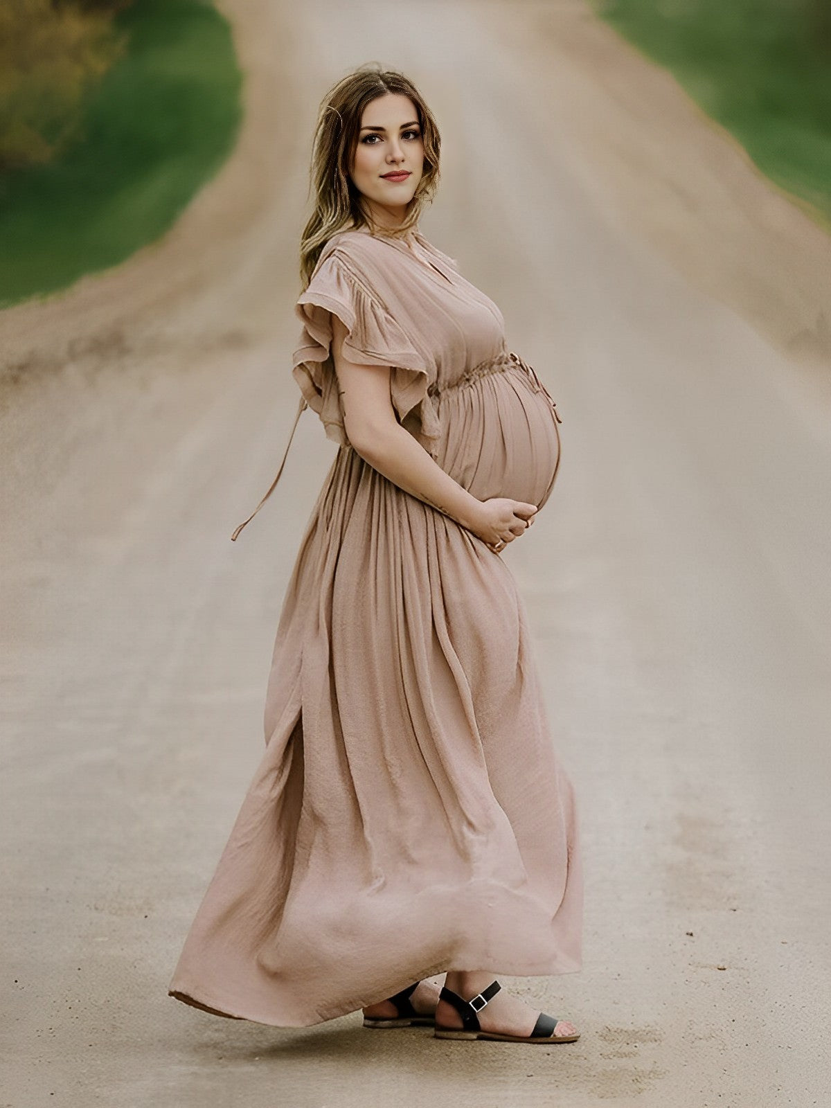 Khaki Bohemian Drawstring Single Breasted Maternity Photoshoot Baby Shower Maxi Dress Maternity