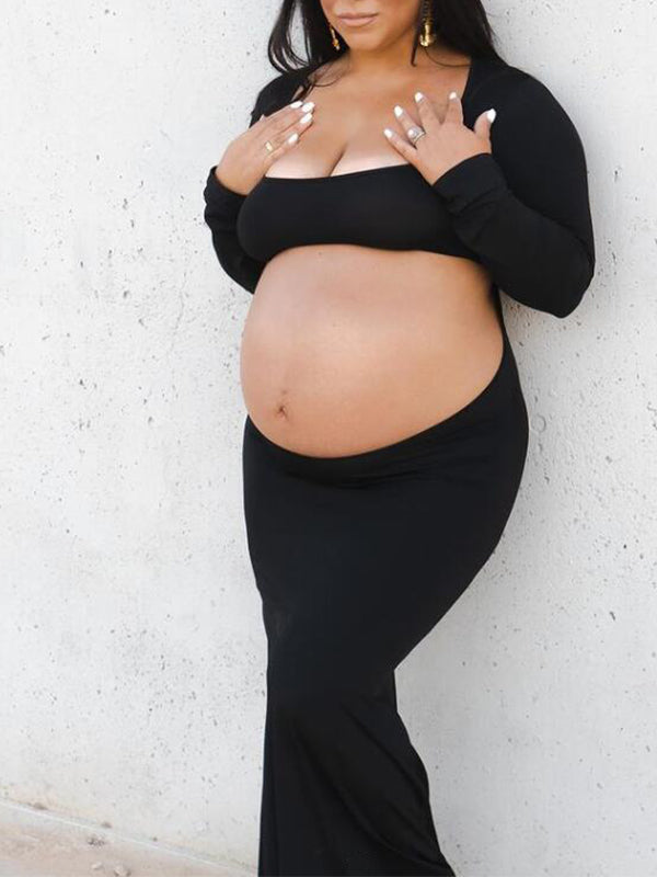 Black Cut Out Mermaid Crop Long Sleeve Backless Bodycon Cocktail Club Party Photoshoot Maternity Maxi Dress Maternity