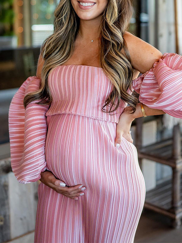 Pink Off Shoulder Bandeau Ribbed Pleated Bodycon Puff Sleeve Evening Gown Baby Shower Maternity Maxi Dress Maternity