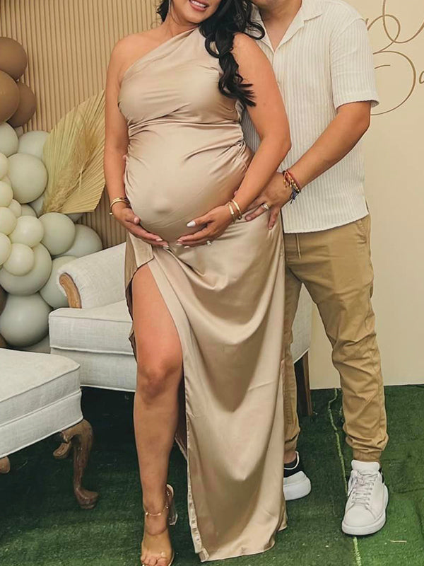 Champagne Gold One Shoulder Backless Side Slit Satin Evening Babyshower Maternity Maxi Dress Maternity