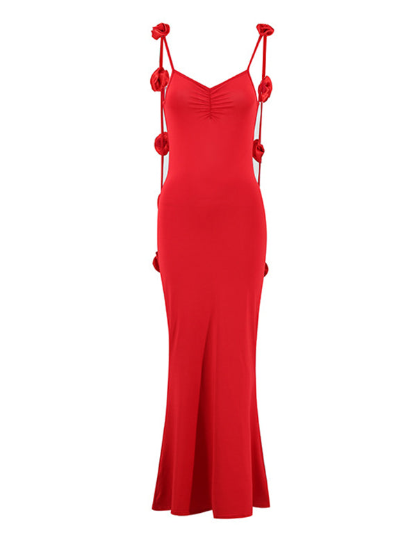 Red Backless 3D Flower Cascading Ruffle Spaghetti Strap Cami Mermaid Bodycon Party Photoshoot Maternity Maxi Dress Maternity