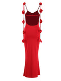 Red Backless 3D Flower Cascading Ruffle Spaghetti Strap Cami Mermaid Bodycon Party Photoshoot Maternity Maxi Dress Maternity