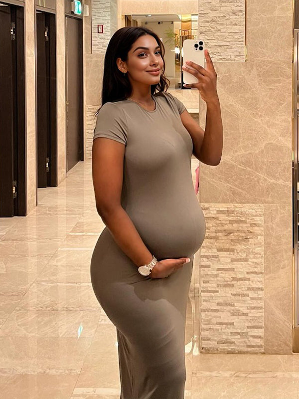 Solid Color Round Neck Short Sleeve Bodycon Chic Basic Going Out Daily Maternity Baby Shower Maxi Dress Maternity