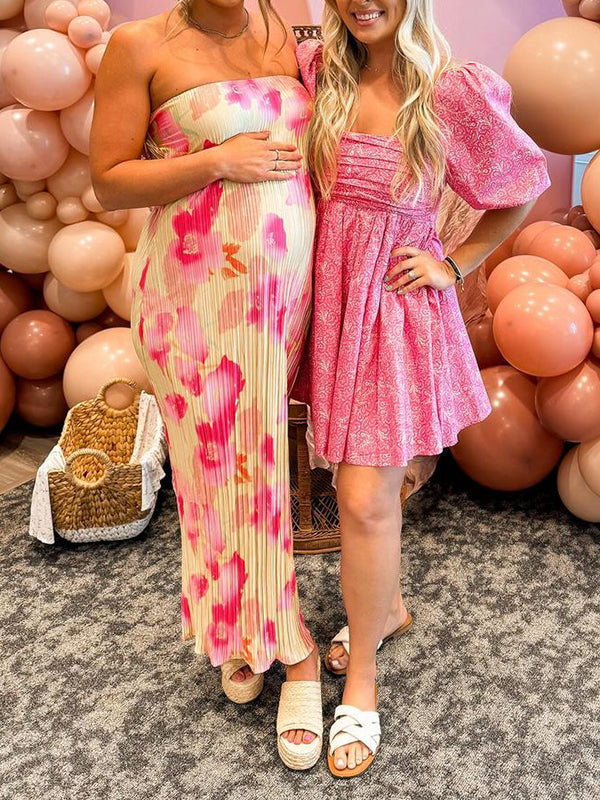 Pleated Bandeau Backless Back Bowknot Tie Back Tie Dye Party Bodycon Mermaid Babyshower Maternity Maxi Dress Maternity