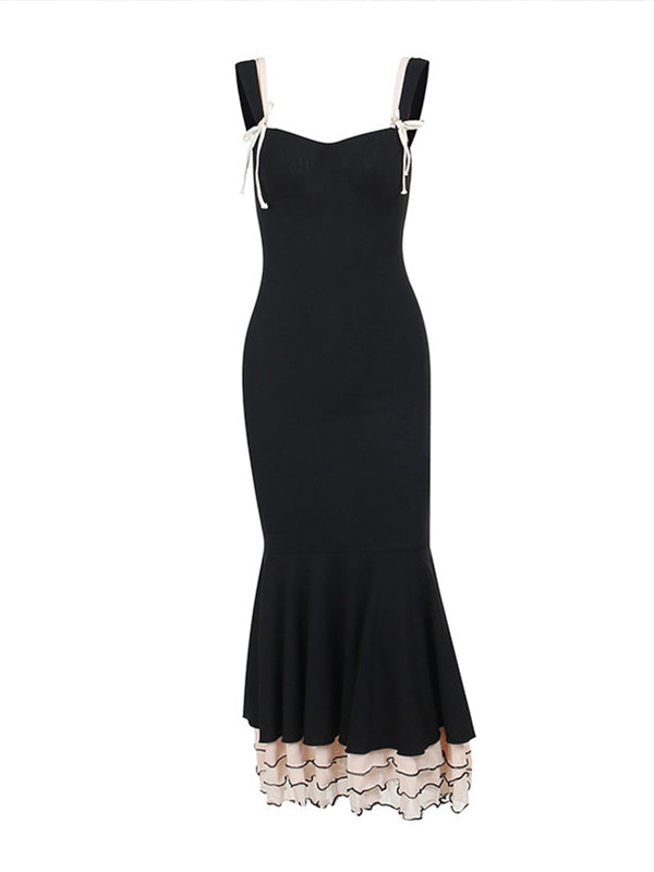 Black Falbala Bow Ruffle Tank Patchwork Mermaid Sweetheart Neckline Elegant Evening Gown Maternity Photoshoot Baby Shower Maxi Dress Maternity