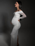 White Off Shoulder Sparkly Back Slit Sheer Bodycon Elegant Baby Shower Evening Photoshoot Maternity Maxi Dress Maternity