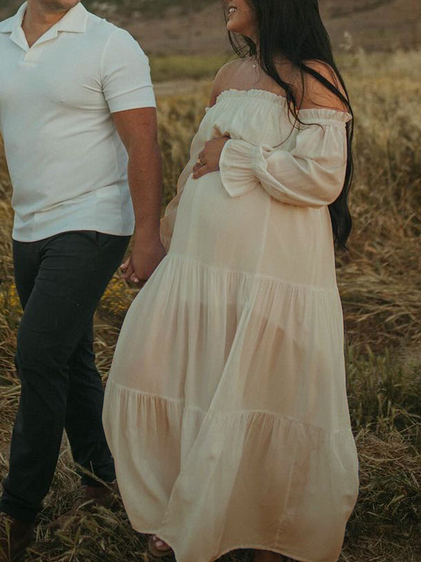Flowy Off Shoulder Ruffle Falbala Side Slit Big Swing Lantern Sleeve Elegant Holiday Vacation Boho Maternity Photoshoot Baby Shower Maxi Dress Maternity