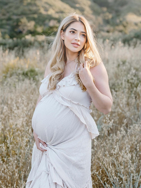 Boho Solid Color Ruffle Halter Neck Backless Tie Back V-Neck Holiday Gowns Photoshoot Maternity Maxi Dress Maternity