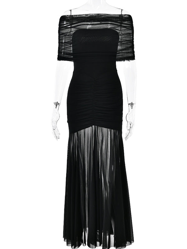 Sheer Mesh Ruched Bandeau Off Shoulder Long Sleeve Mermaid Elegant Cocktail Party Gown Maternity Photoshoot Baby Shower Maxi Dress Maternity