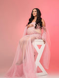 Flowy Off Shoulder Tulle Beading Pearls Rhinestone Bodice Mermaid Elegant Cocktail Evening Gown Luxury Sheer Maternity Baby Shower Maxi Dress Maternity